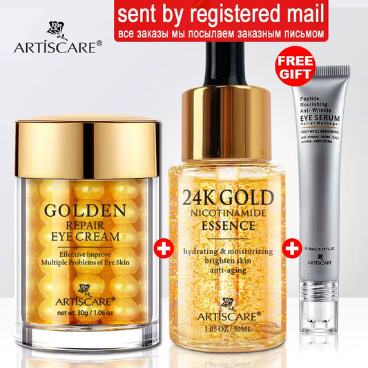24K Gold Skincare Set: Face Cream, Moisturizing Serum, and Dark Circles Essence - Premium Korean Skincare Products